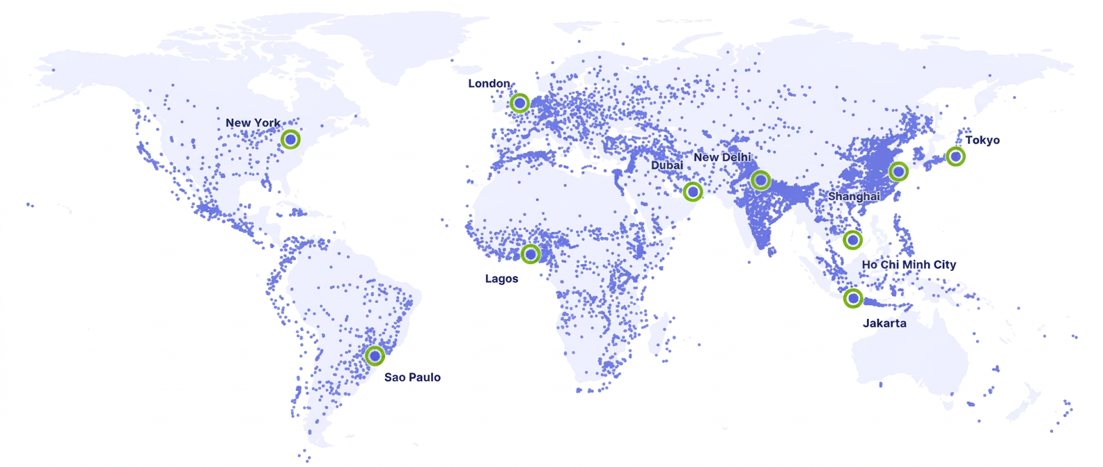 World map showing over 9,000 city nodes with highlighted markers for New York, Sao Paulo, London, Lagos, Dubai, New Delhi, Shanghai, Tokyo, Ho Chi Minh City and Jakarta