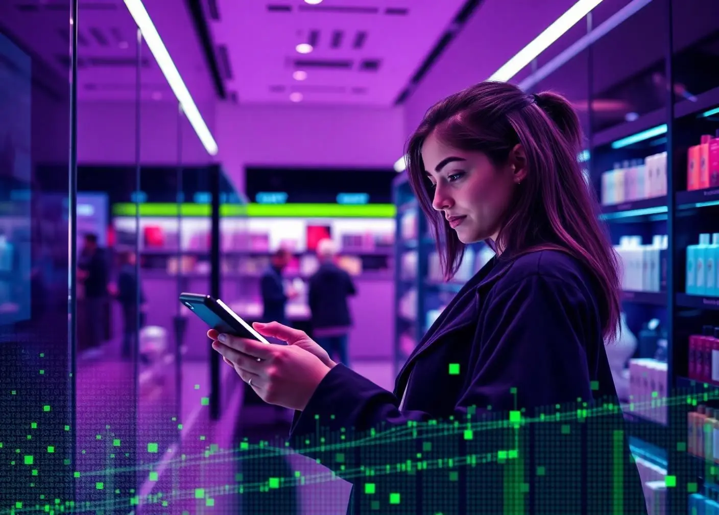 Young shopper browsing beauty products on a phone in a modern store