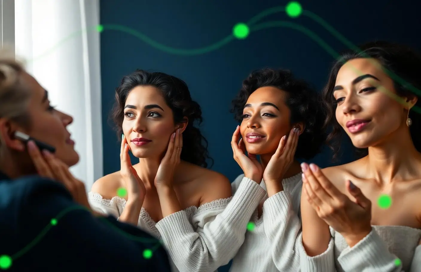 Women of different generations applying skincare, overlaid with data lines