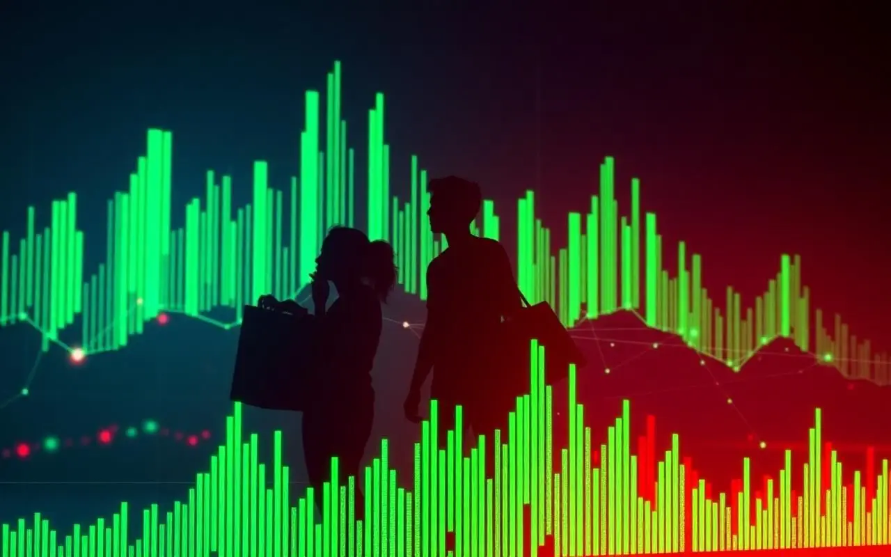 Gen Z shoppers silhouetted against green and red spending charts