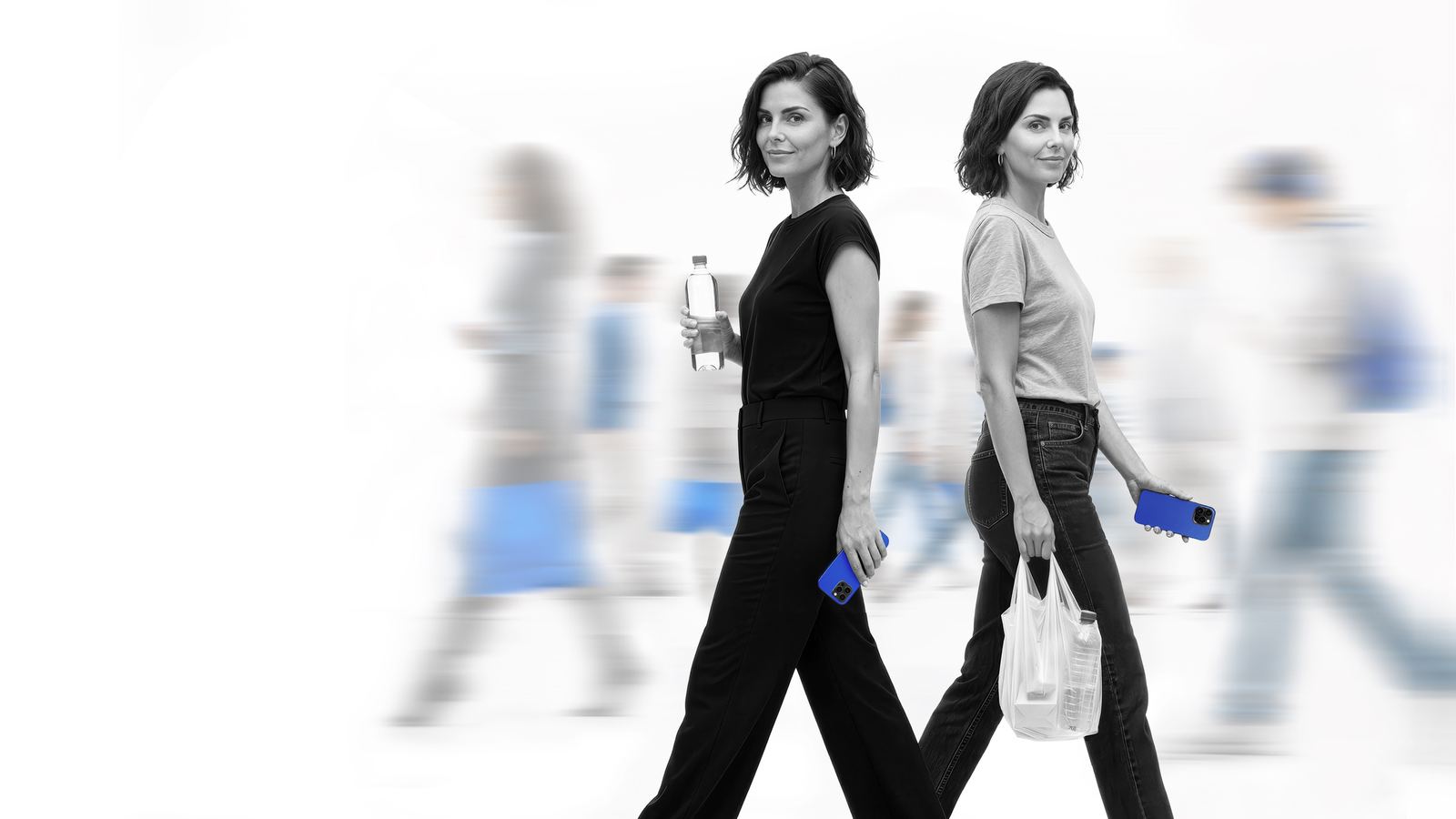 Two consumers walking in opposite directions, representing two mindsets